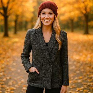 Eileen Fisher Black White Marled Knit Jacket Double Breasted size XS